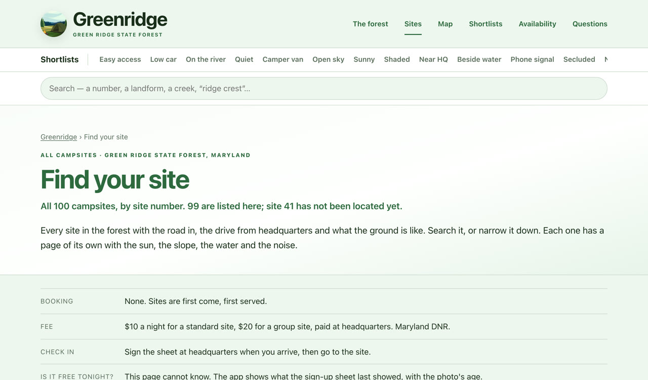 greenridge.app/sites/, the index of all 99 campsites