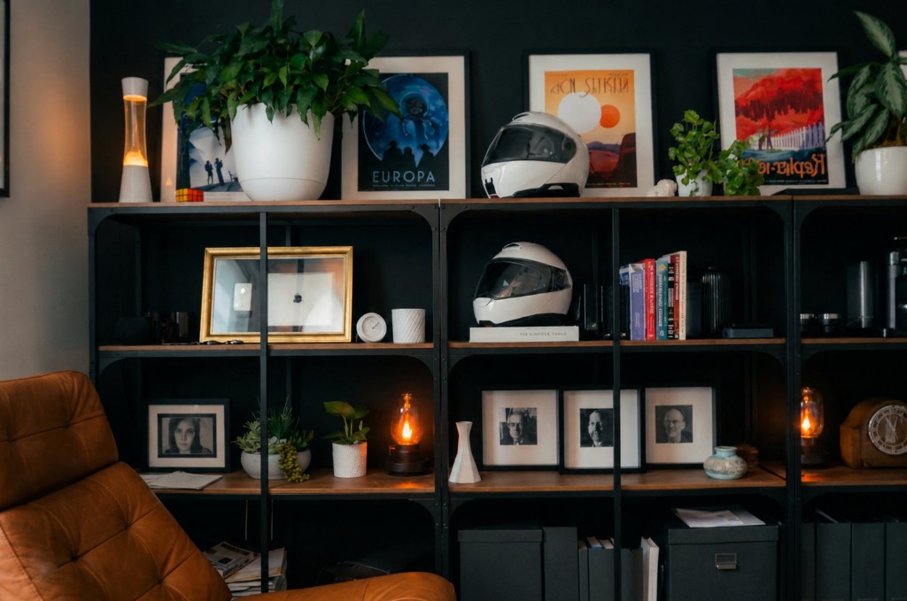 Studio workspace in Northern Virginia: shelving, chair, and reference material
