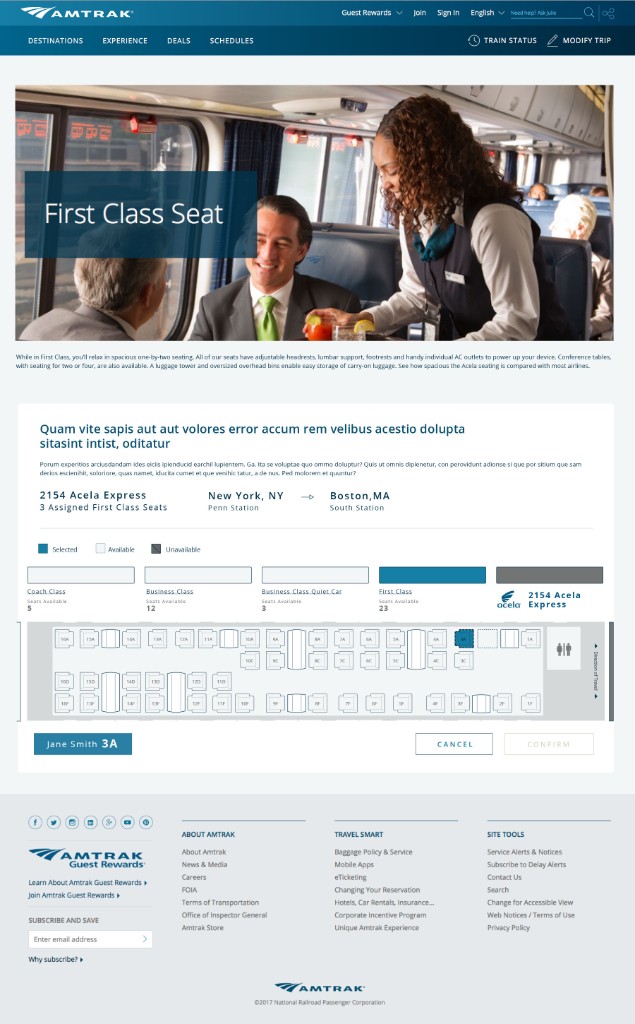 Amtrak assigned seating interface — First Class seat selection for Acela Express
