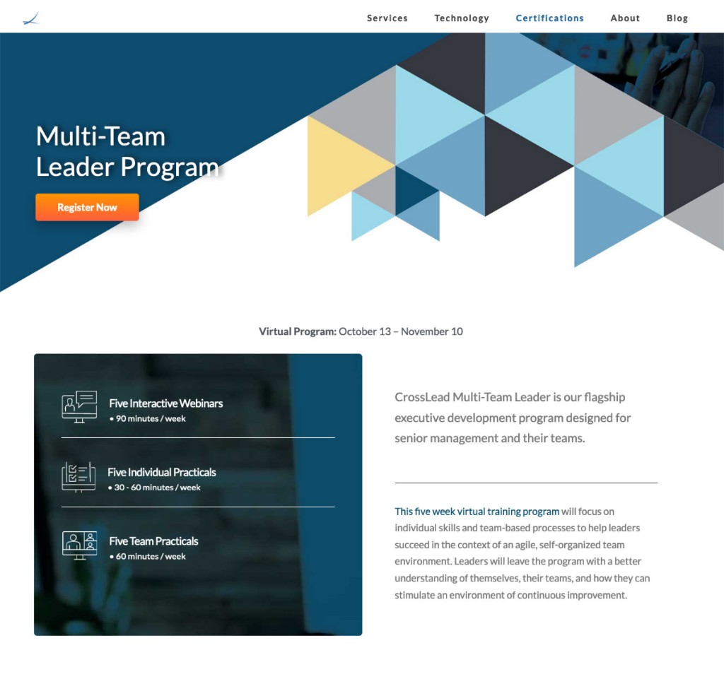 CrossLead Multi-Team Leader Program — virtual training platform with webinars, individual practicals, and team exercises