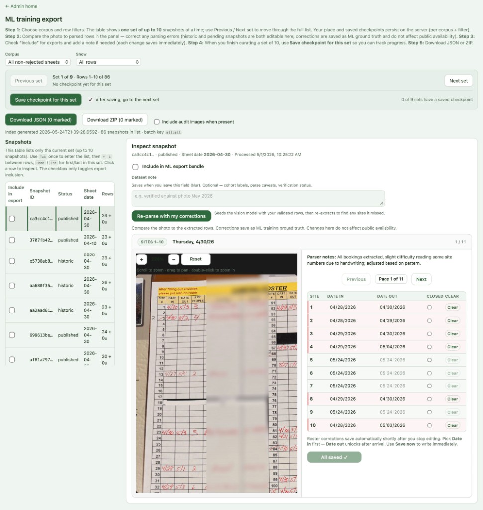 ML training export admin screen: snapshot list, HQ clipboard photo with zoom, editable parsed rows, checkpoint save, and JSON/ZIP download.