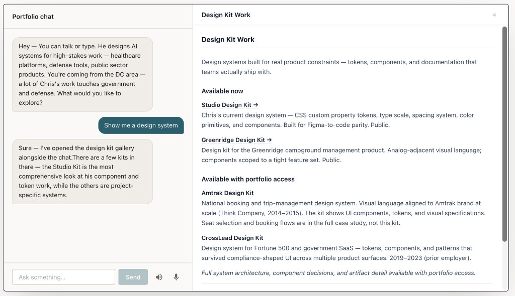 PAI chat interface with design kit panel