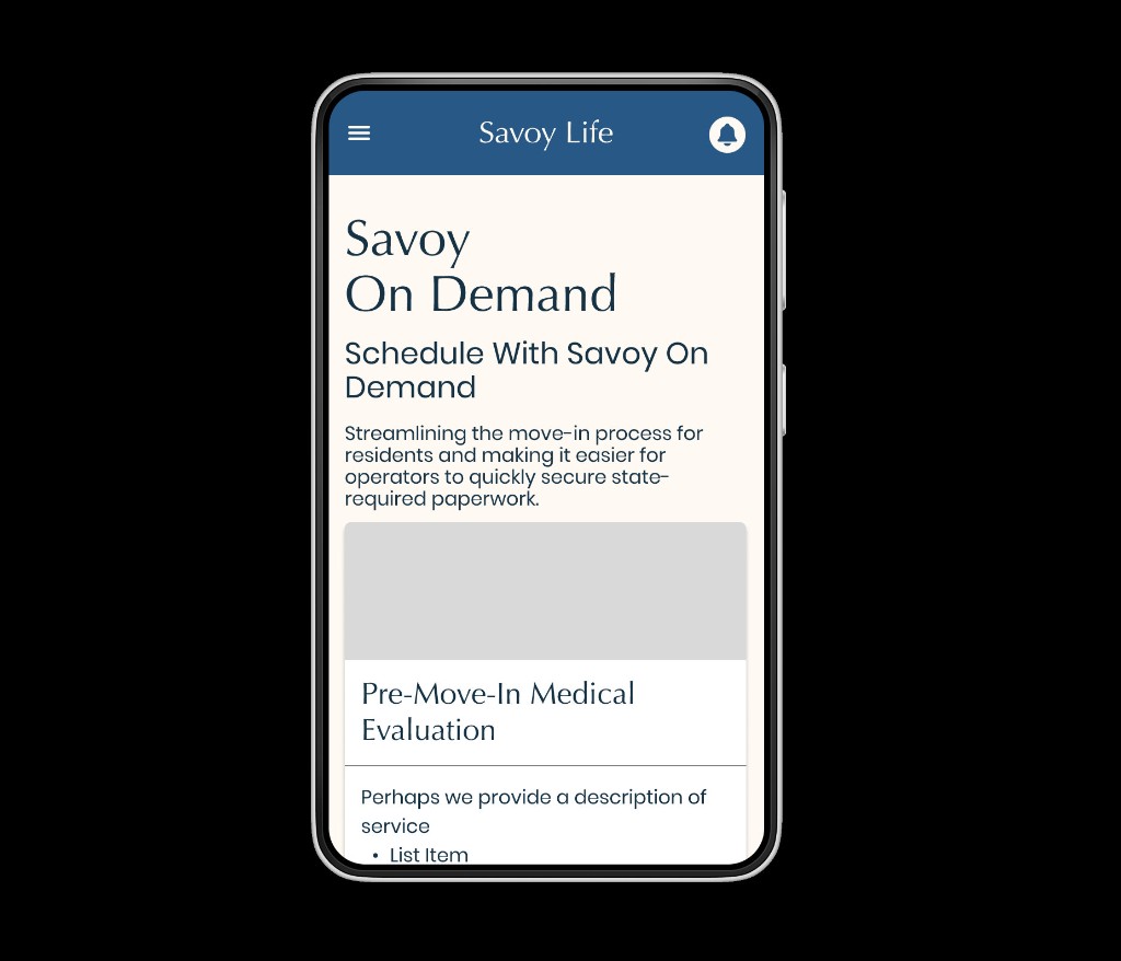Savoy On Demand mobile — scheduling pre-move-in medical evaluation for residents