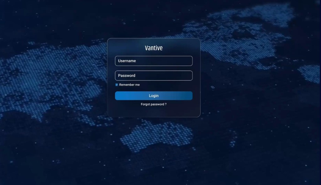 Vantive platform — login screen with global supply chain network visualization