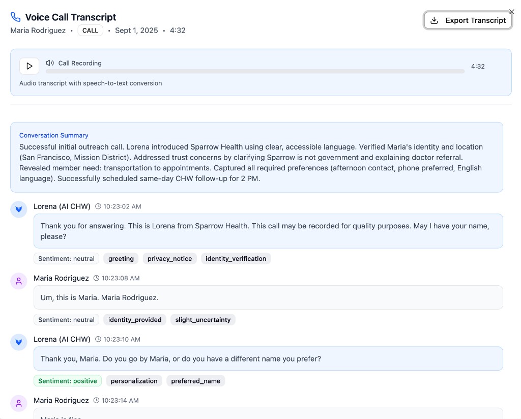 Voice-call transcript review UI