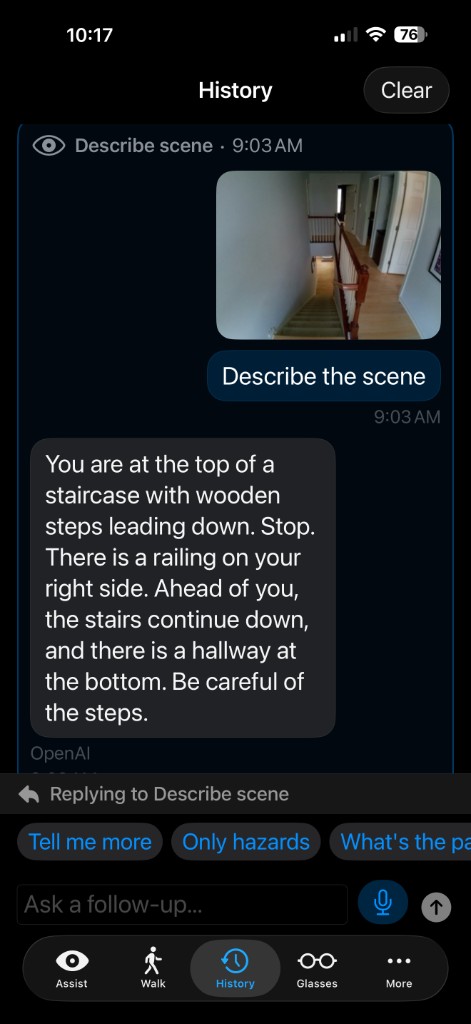 Sight Assist History — describe scene at a staircase; safety-first spoken response before layout detail