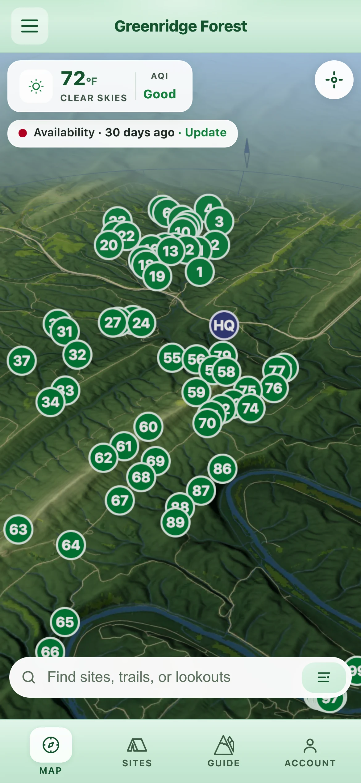 Greenridge on a phone: the forest as a terrain model tilted to the horizon, campsite pins standing on the ground with headquarters among them, a river cutting the lower right, and a freshness chip reading Availability, 30 days ago, Update.
